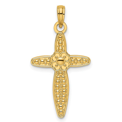 14k Yellow Gold Beaded & Polished Fancy Flower Cross Pendant