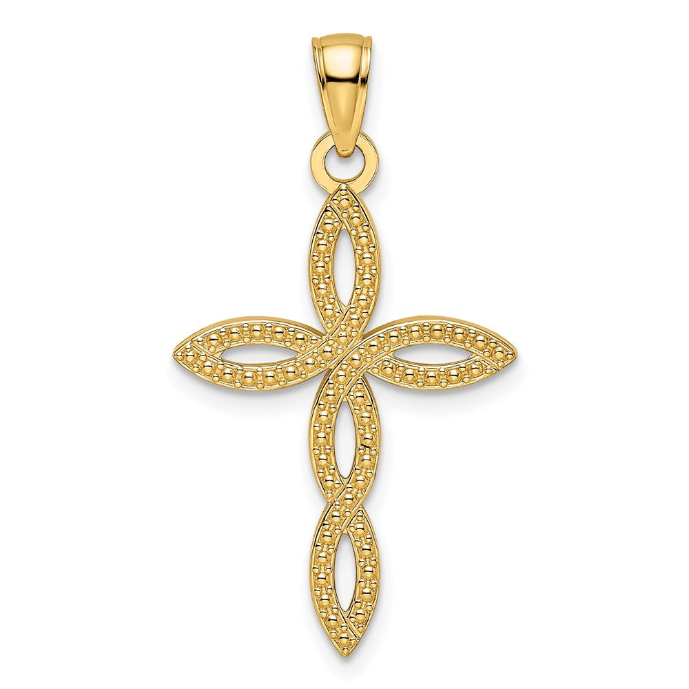 14k Yellow Gold Beaded & Polished Cross Pendant