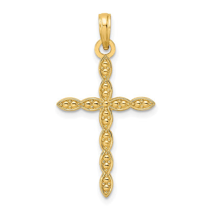14k Yellow Gold Polished & Beaded Design Cross Pendant