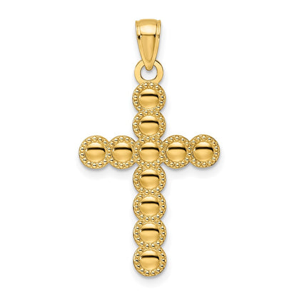 14k Yellow Gold Polished & Beaded Circles Cross Pendant