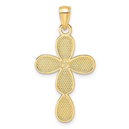 14k Yellow Gold Polished & Textured Edge Teardrop Cross Pendant