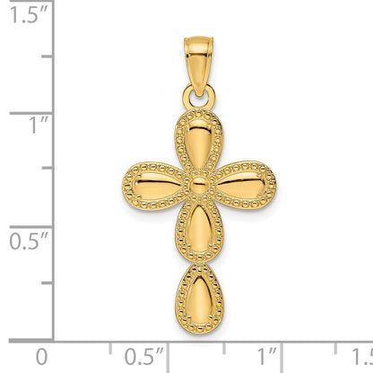 14k Yellow Gold Polished & Textured Edge Teardrop Cross Pendant