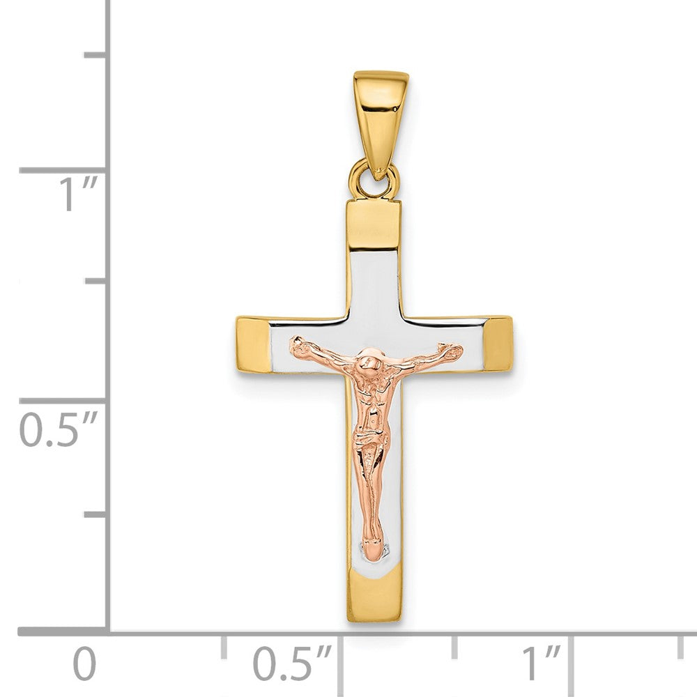 14k Two-tone Gold Yellow and Rose Gold with White Rhodium Beveled Large Crucifix Pendant