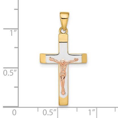 14k Two-tone Gold Yellow and Rose Gold with White Rhodium Beveled Large Crucifix Pendant