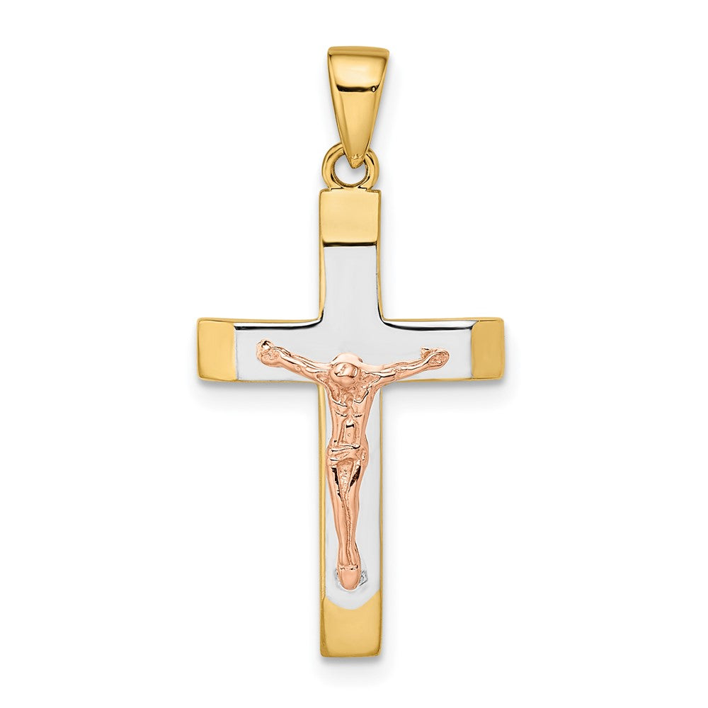 14k Two-tone Gold Yellow and Rose Gold with White Rhodium Beveled Large Crucifix Pendant