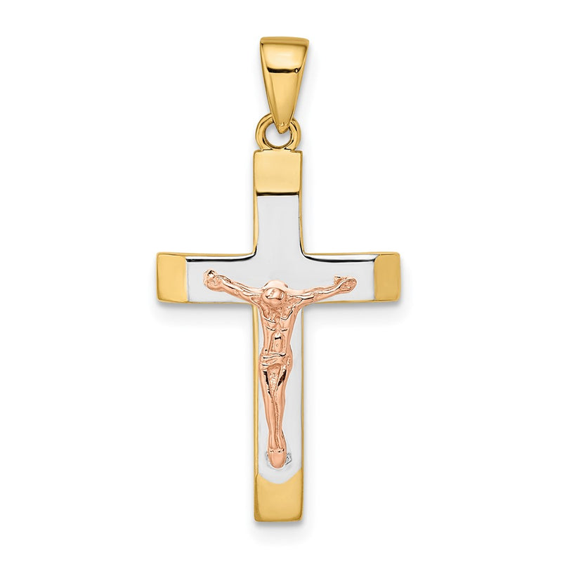 14k Two-tone Gold Yellow and Rose Gold with White Rhodium Beveled Large Crucifix Pendant