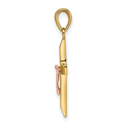 14k Two-tone Gold Yellow and Rose Gold with White Rhodium Beveled Medium Crucifix Pendant