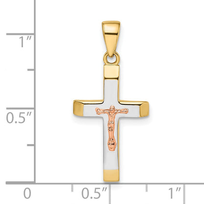 14k Two-tone Gold Yellow and Rose Gold with White Rhodium Beveled Medium Crucifix Pendant