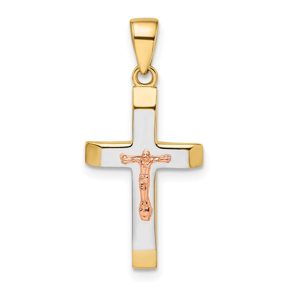 14k Two-tone Gold Yellow and Rose Gold with White Rhodium Beveled Medium Crucifix Pendant