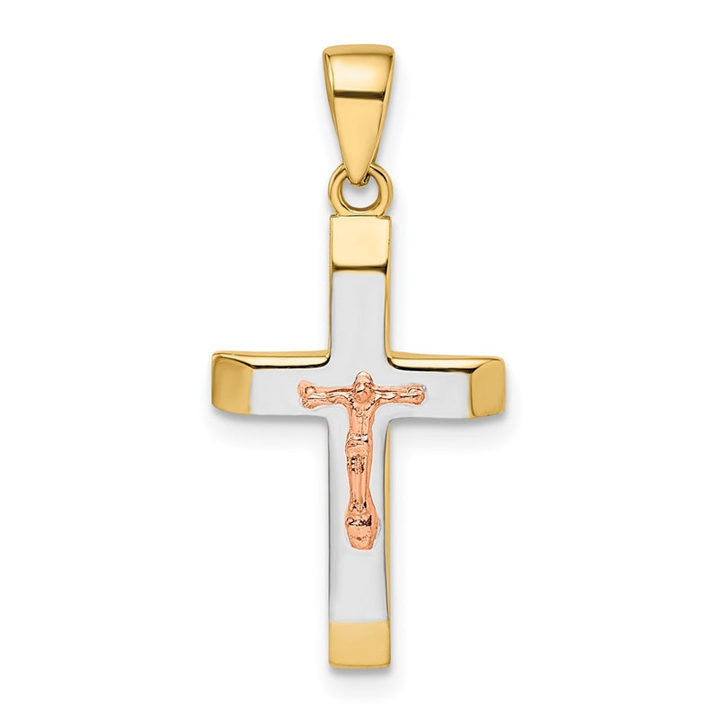 14k Two-tone Gold Yellow and Rose Gold with White Rhodium Beveled Medium Crucifix Pendant
