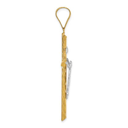 14k Yellow & Rhodium Gold w/White Rhod Polished & Textured INRI Crucifix Cross Pendant