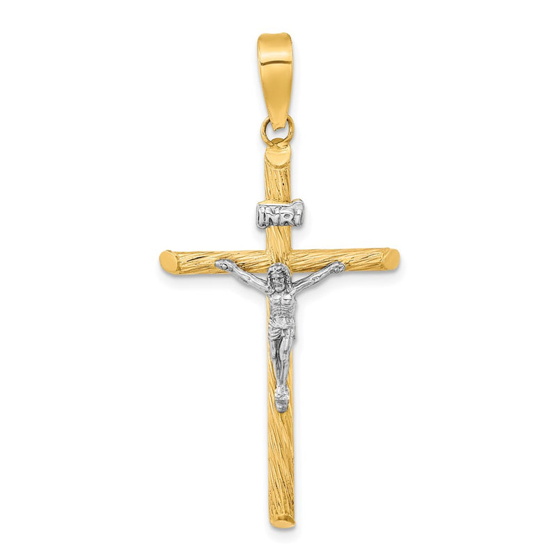14k Yellow & Rhodium Gold w/White Rhod Polished & Textured INRI Crucifix Cross Pendant