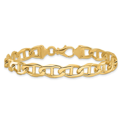 Solid 14K Yellow Gold 8 inch 9mm Hand Polished Fancy Anchor Link with Fancy Lobster Clasp Bracelet