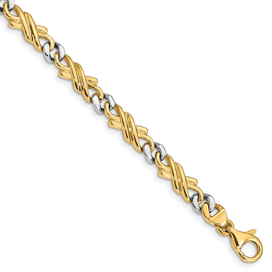 Solid 14K Two-tone Gold 8 inch 6mm Hand Hand Polished Fancy Link with Fancy Lobster Clasp Bracelet