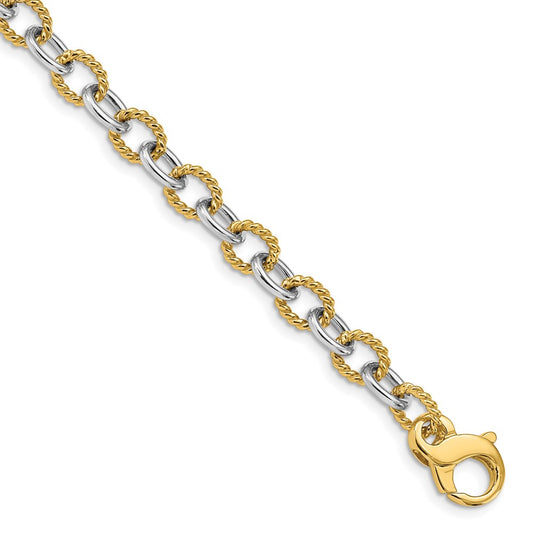 Solid 14K Two-tone Gold 7.5 inch 6.5mm Hand Polished  and Textured Fancy Link with Fancy Lobster Clasp Bracelet