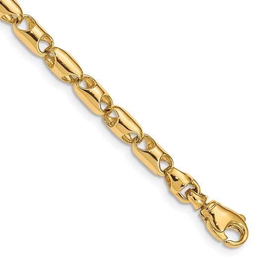 Solid 14K Yellow Gold 8.5 inch 4.1mm Fancy Barrel Link with Fancy Lobster Clasp Bracelet