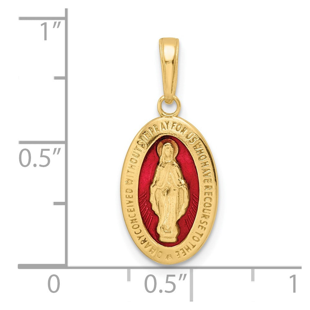 14k Yellow Gold Red Enameled Miraculous Medal Pendant