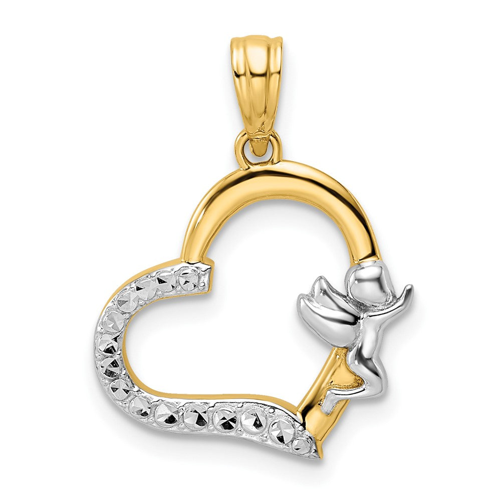 14k Yellow & Rhodium Gold & White Rhodium Cherub on Heart Pendant