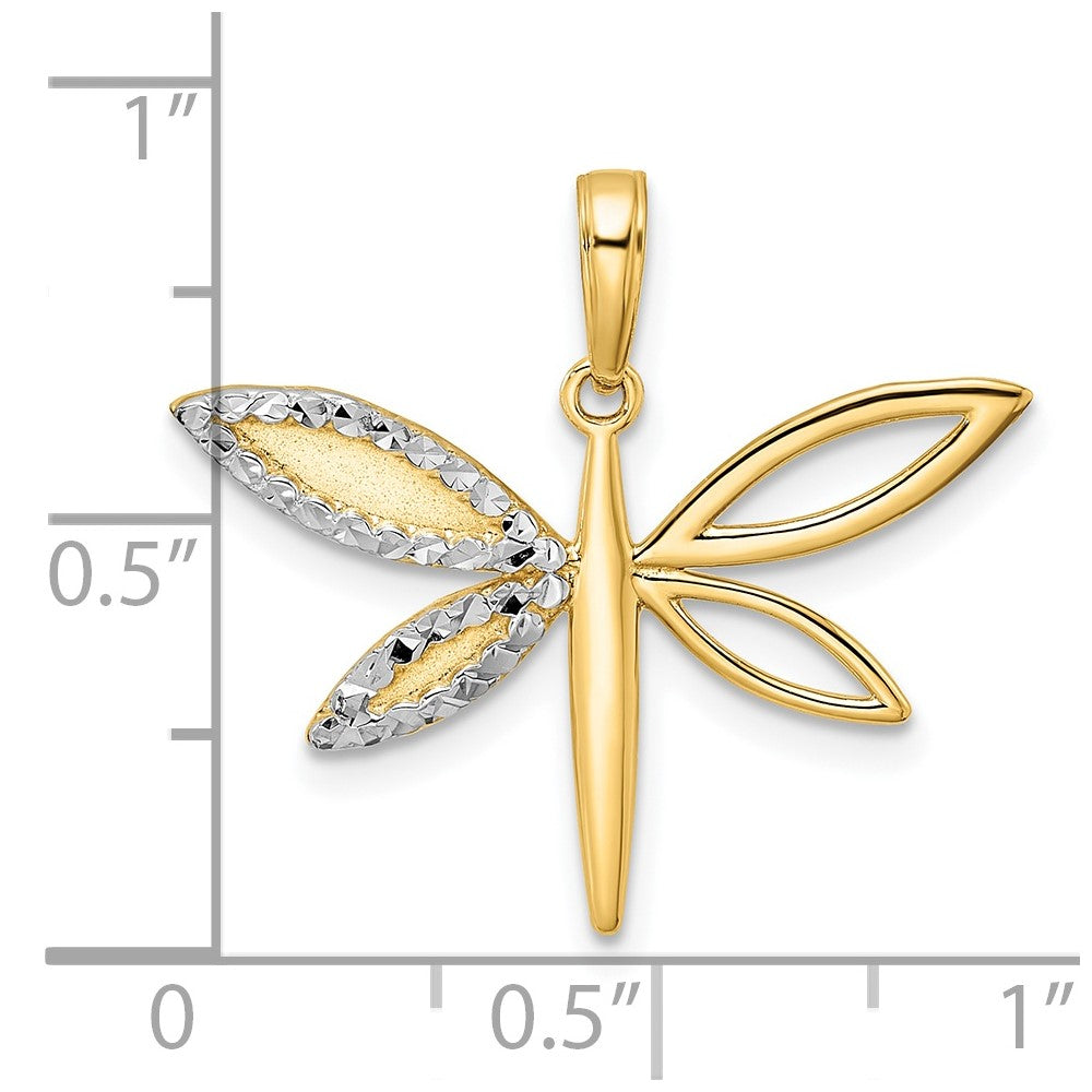 14k Yellow & Rhodium Gold and White Rhodium Diamond-cut Dragonfly Pendant
