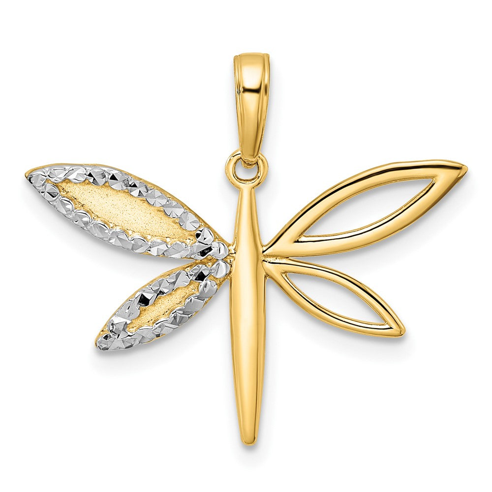 14k Yellow & Rhodium Gold and White Rhodium Diamond-cut Dragonfly Pendant