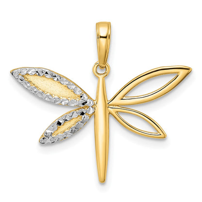 14k Yellow & Rhodium Gold and White Rhodium Diamond-cut Dragonfly Pendant