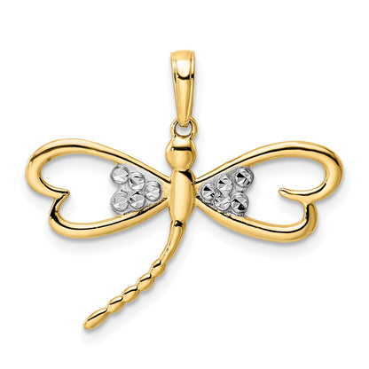 14k Yellow & Rhodium Gold and White Rhodium Diamond-cut Dragonfly Pendant