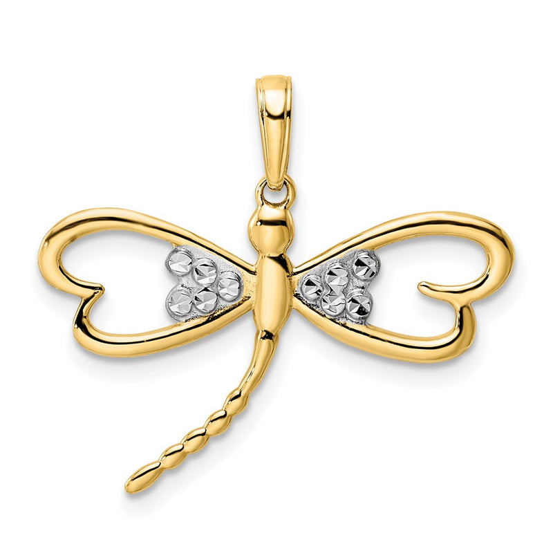 14k Yellow & Rhodium Gold and White Rhodium Diamond-cut Dragonfly Pendant