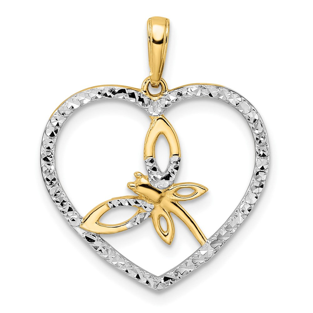 14k Yellow & Rhodium Gold and White Rhodium Diamond-cut Dragonfly in Heart Pendant