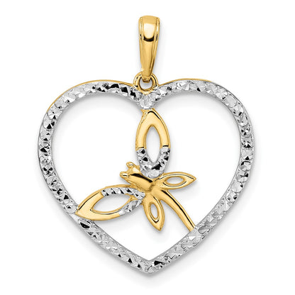 14k Yellow & Rhodium Gold and White Rhodium Diamond-cut Dragonfly in Heart Pendant