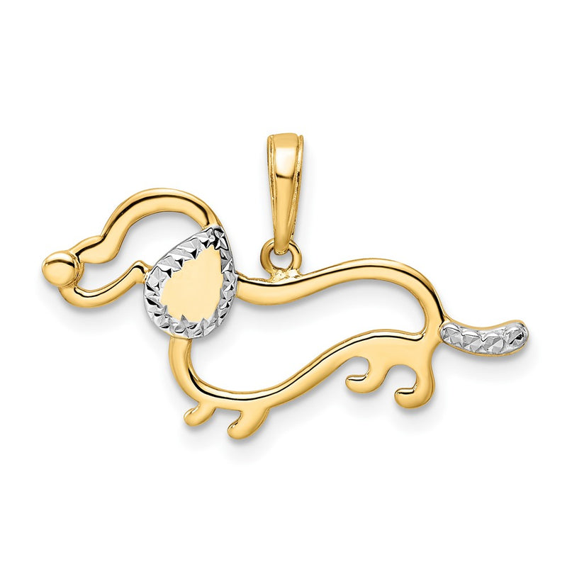 14k Yellow & Rhodium Gold and White Rhodium Diamond-cut Dachshund Pendant