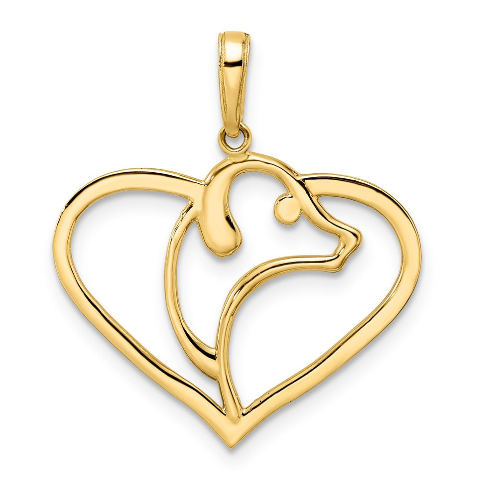14k Yellow & Rhodium Gold and White Rhodium Diamond-cut Dog Head in Heart Pendant