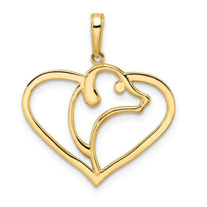 14k Yellow & Rhodium Gold and White Rhodium Diamond-cut Dog Head in Heart Pendant