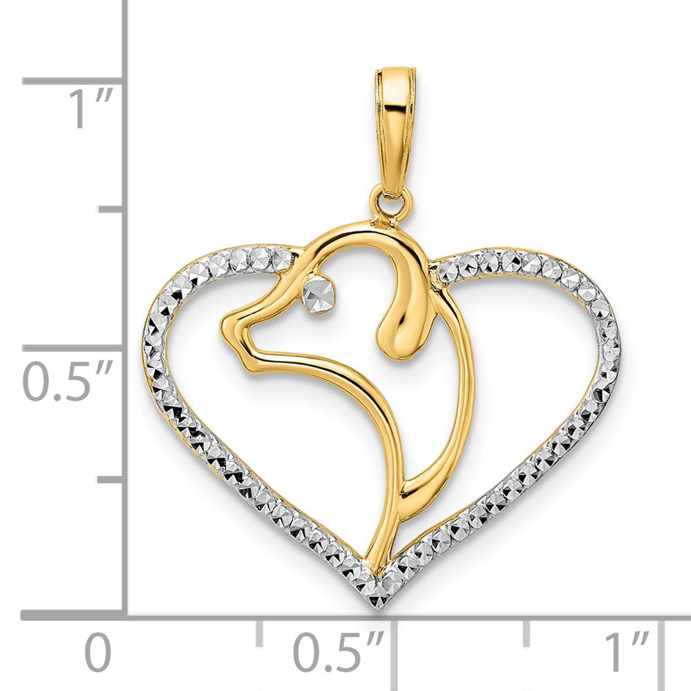 14k Yellow & Rhodium Gold and White Rhodium Diamond-cut Dog Head in Heart Pendant