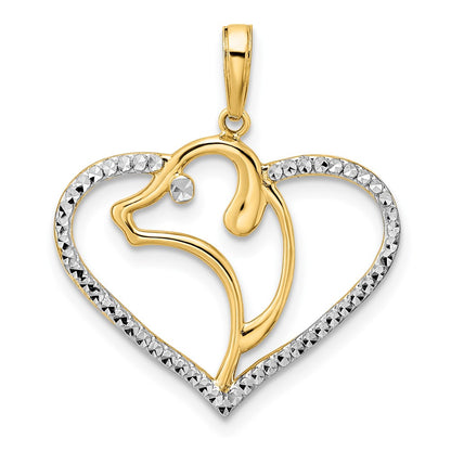 14k Yellow & Rhodium Gold and White Rhodium Diamond-cut Dog Head in Heart Pendant