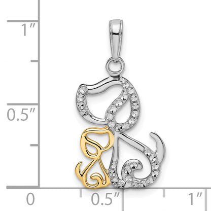 14k Yellow & Rhodium Gold and White Rhodium Diamond-cut Dog and Puppy Pendant