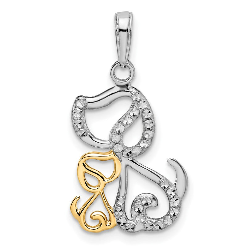 14k Yellow & Rhodium Gold and White Rhodium Diamond-cut Dog and Puppy Pendant
