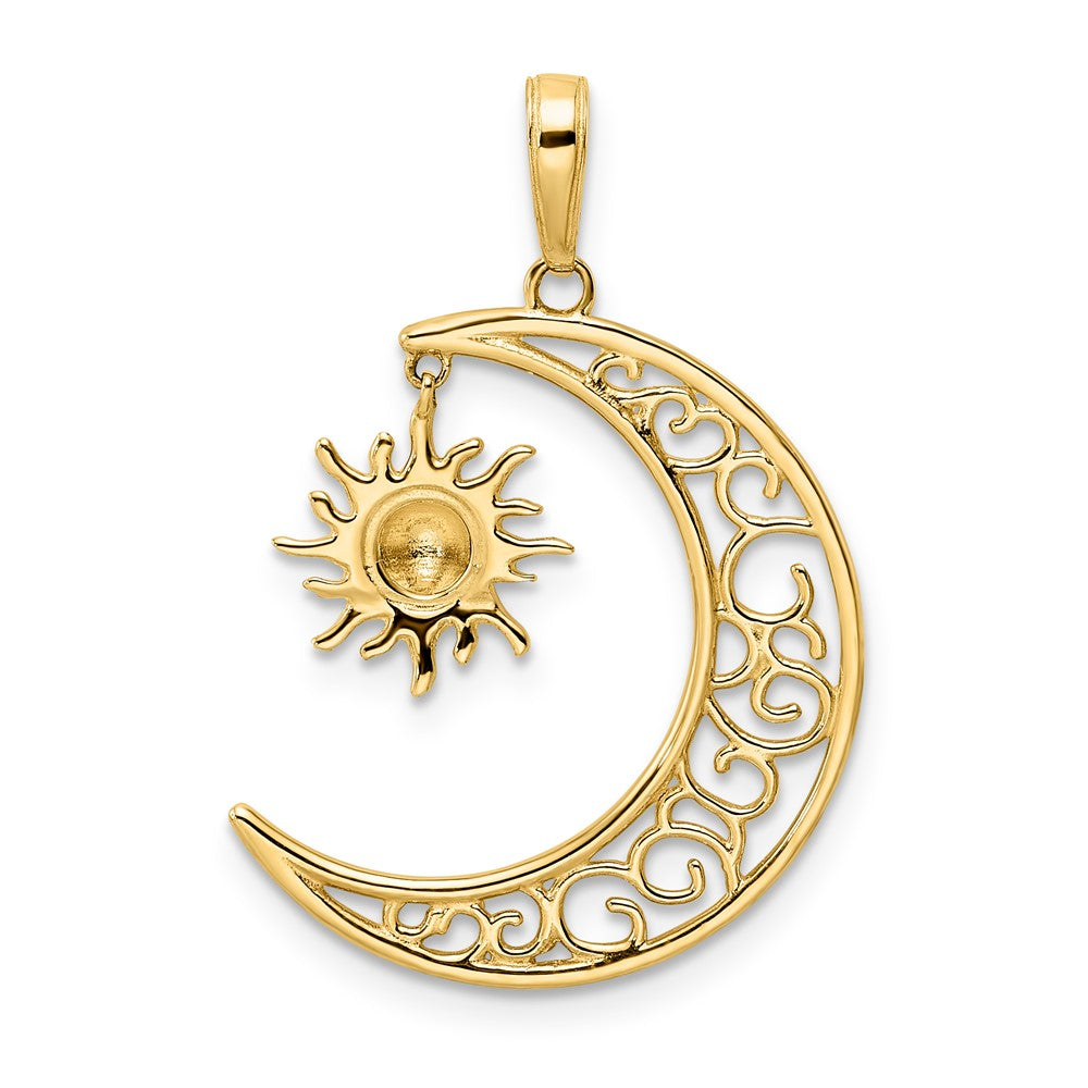 14k Yellow & Rhodium Gold and White Rhodium Diamond-cut Moon and Dangle Sun Pendant