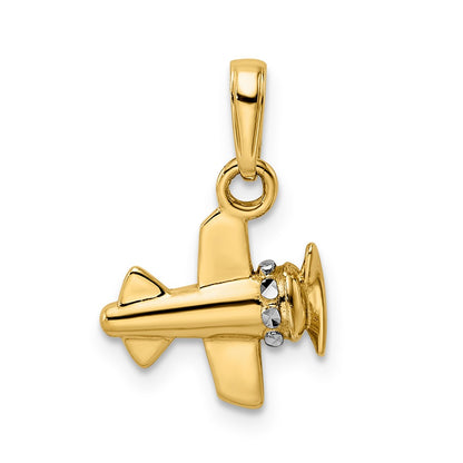 14k Yellow & Rhodium Gold w/ White Rhodium 3D Diamond-cut Airplane Pendant