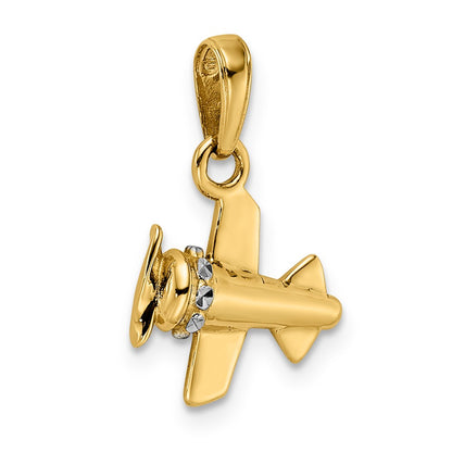 14k Yellow & Rhodium Gold w/ White Rhodium 3D Diamond-cut Airplane Pendant