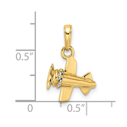 14k Yellow & Rhodium Gold w/ White Rhodium 3D Diamond-cut Airplane Pendant