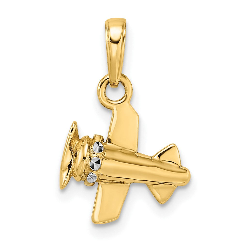 14k Yellow & Rhodium Gold w/ White Rhodium 3D Diamond-cut Airplane Pendant
