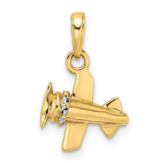 14k Yellow & Rhodium Gold w/ White Rhodium 3D Diamond-cut Airplane Pendant