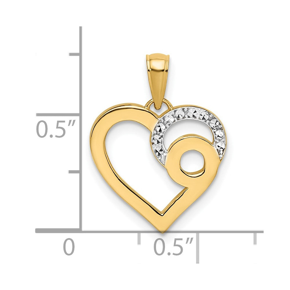 14k Yellow & Rhodium Gold and White Rhodium Diamond-cut Swirls Heart Pendant