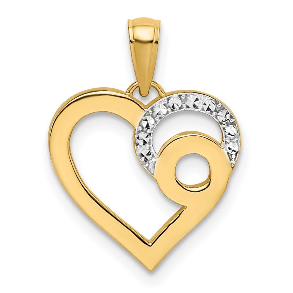 14k Yellow & Rhodium Gold and White Rhodium Diamond-cut Swirls Heart Pendant