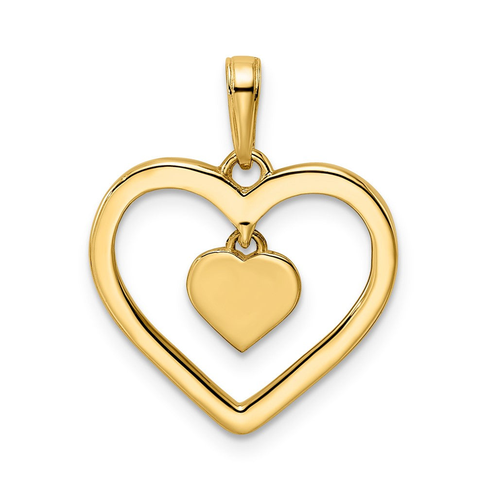 14k Yellow & Rhodium Gold and White Rhodium Diamond-cut Heart w/Dangle Heart Pendant