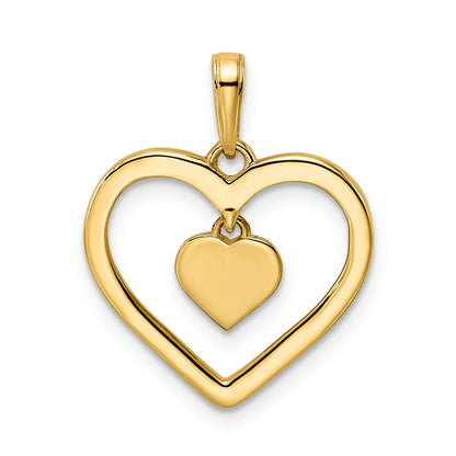 14k Yellow & Rhodium Gold and White Rhodium Diamond-cut Heart w/Dangle Heart Pendant