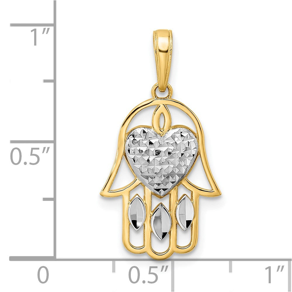 14k Yellow & Rhodium Gold & White Rhodium D/C Heart Hamsa Pendant