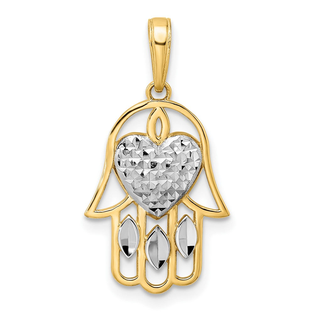14k Yellow & Rhodium Gold & White Rhodium D/C Heart Hamsa Pendant