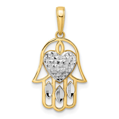 14k Yellow & Rhodium Gold & White Rhodium D/C Heart Hamsa Pendant