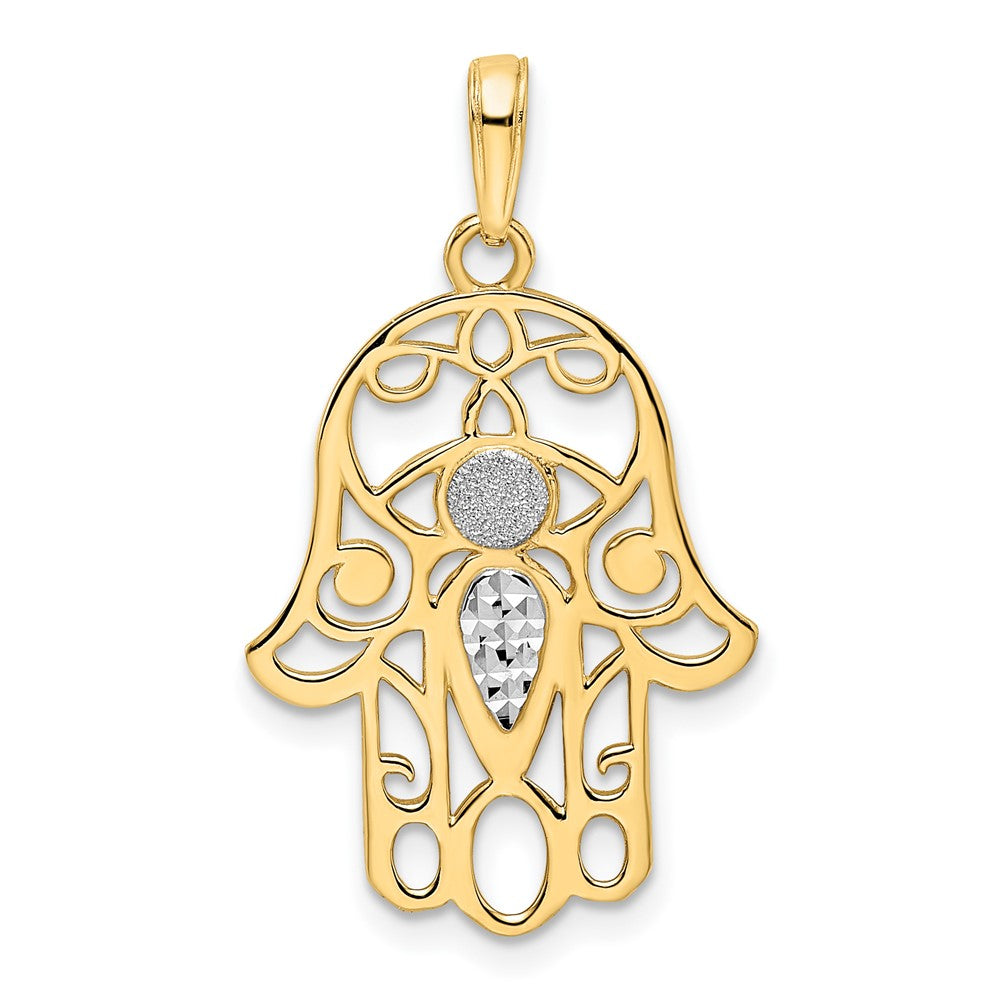 14k Yellow & Rhodium Gold & White Rhodium D/C Evil Eye Hamsa Pendant
